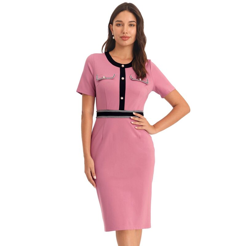 ホンベティ レディース トップス ワンピース コントラスト Hombety Women'sheath Dresshort Sleeve Contrast Color Elegant Pencil Dresses Pink ピンク｜ReVida 店