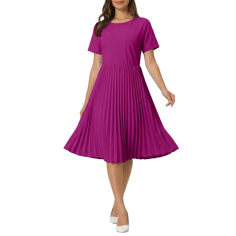 ホンベティ レディース トップス ワンピース A ライン プリーツ ミディ Hombety Women's Pleatedresses Midi Short Sleeve Work A-Line Dress Hot Pink ピンク|ReVida 店