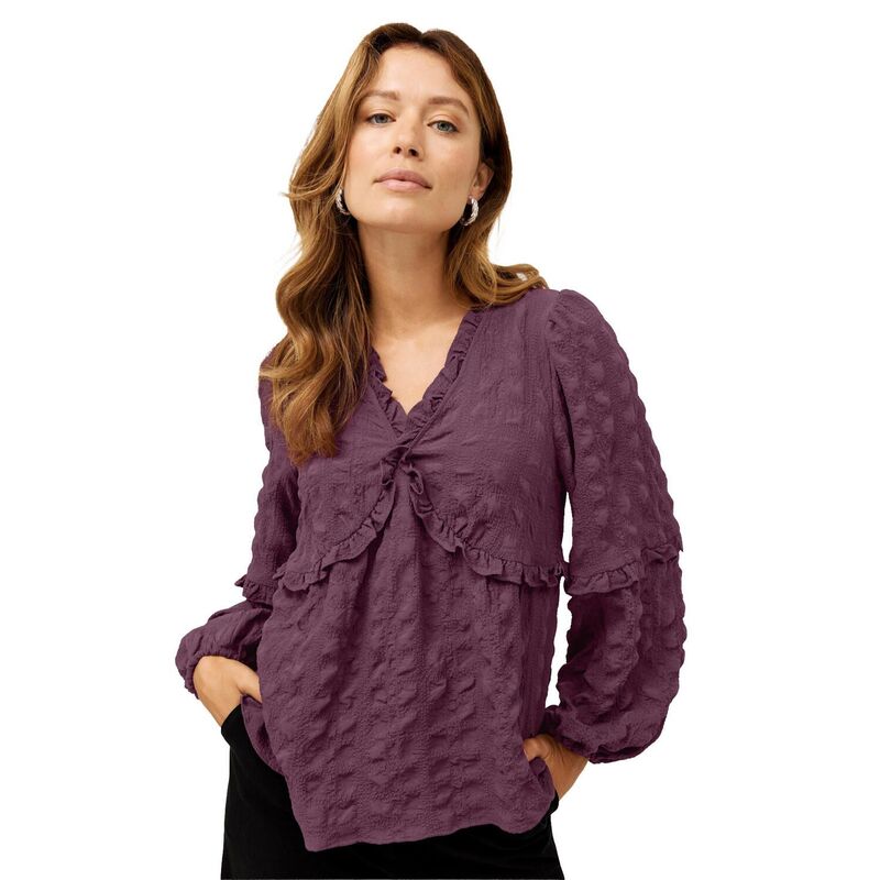 Ellos レディース トップス シャツ Vネック プラスサイズ フリル ブラウス Ellos Plusize Ruffle Trim V-Neck Babydoll Blouse Midnight Orchid｜ReVida 店