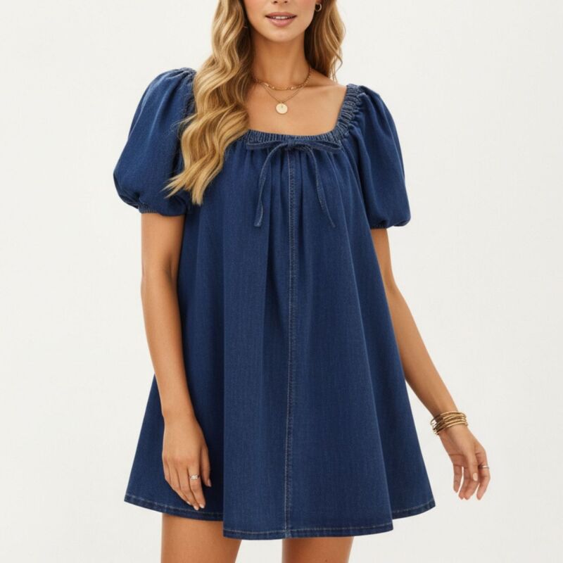 アンナカシ レディース トップス ワンピース タイディテール デニム Anna-Kaci Women's Puff Sleeve Denim Babydoll Dress with Square Neckline Adjustable Frontie Detail Navy ネイビー|ReVida 店