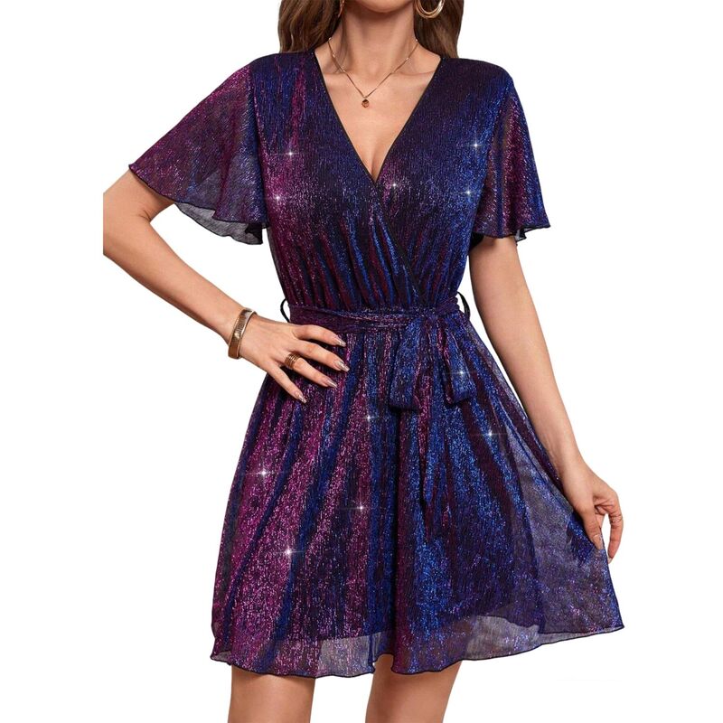 クリアフラワー レディース トップス ワンピース Vネック ミニ ClearFlower Women's Glitter Deep V-Neck Mini Dress - Flutter Sleeve Self-Tie Waist Fla red Hem Party Dress Purple パープル|ReVida 店