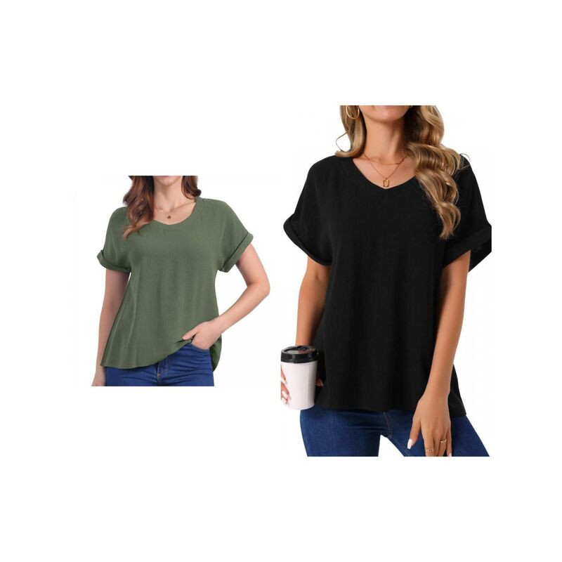 インスパイア シック レディース トップス シャツ ブラウス リネン INSPIRE CHIC 2 Packs Women's Linen Topshort Sleeve Casual t Shirts Basic Outfits Loose Solid Color Blouse Black Army Green ブラック｜ReVida 店