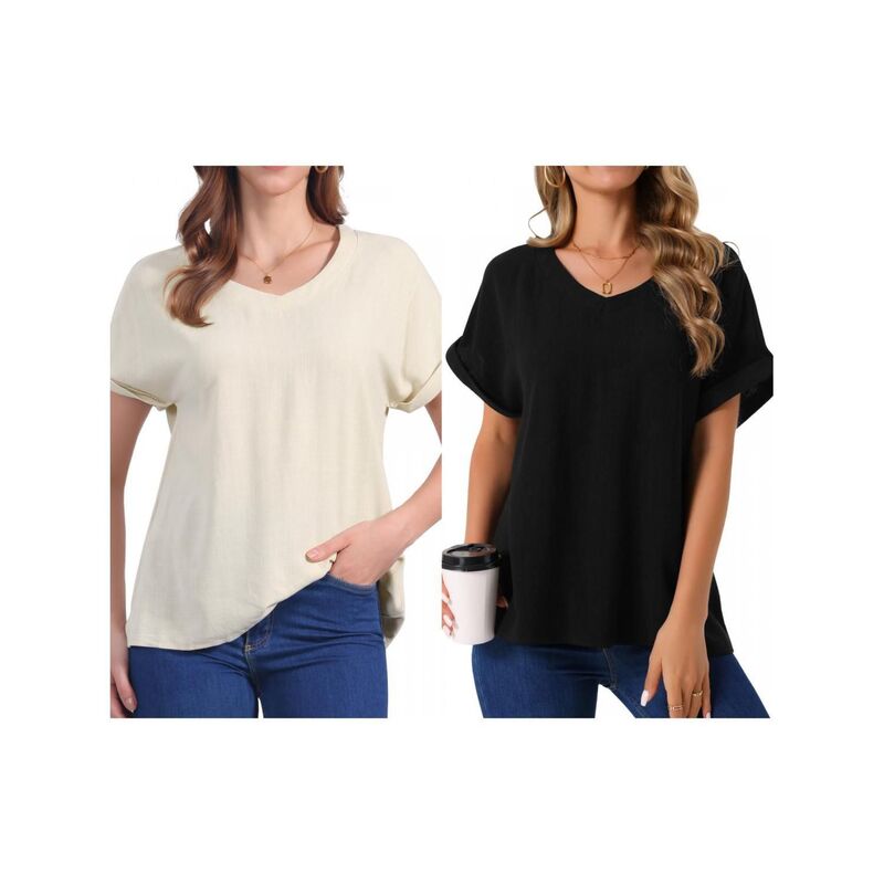 インスパイア シック レディース トップス シャツ ブラウス リネン INSPIRE CHIC 2 Packs Women's Linen Topshort Sleeve Casual t Shirts Basic Outfits Loose Solid Color Blouse Black Beige ブラック｜ReVida 店