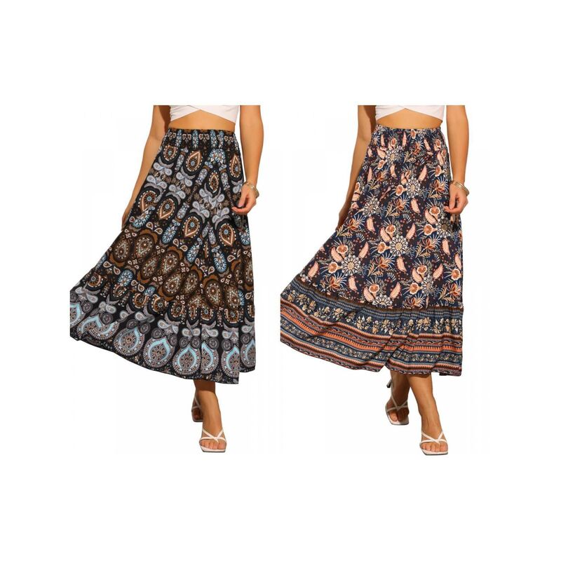 インスパイア シック レディース ボトムスカート ハイウエスト フラワー柄 マキシ フラワー INSPIRE CHIC 2 Packs Floral Skirts for Women's Boho Elastic High Waist Casual Beach Flowy Maxi Skirt Black Dark Blue ブラック|ReVida 店