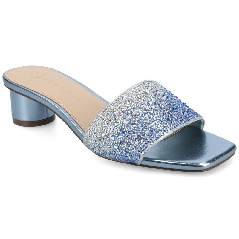 ジャーニー レディース シューズ パンプス サンダル ヒール Journee Flora Women'square Toe Rhinestone Slip on Block Heel Sandals Blue ブルー|ReVida 店