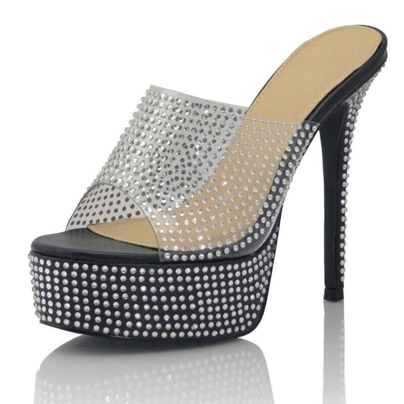 F.C デザイン レディース シューズ パンプス プラットフォーム サンダル F.C Design Clearhinestone Studded Platform Stiletto Mule Sandals Black ブラック|ReVida 店