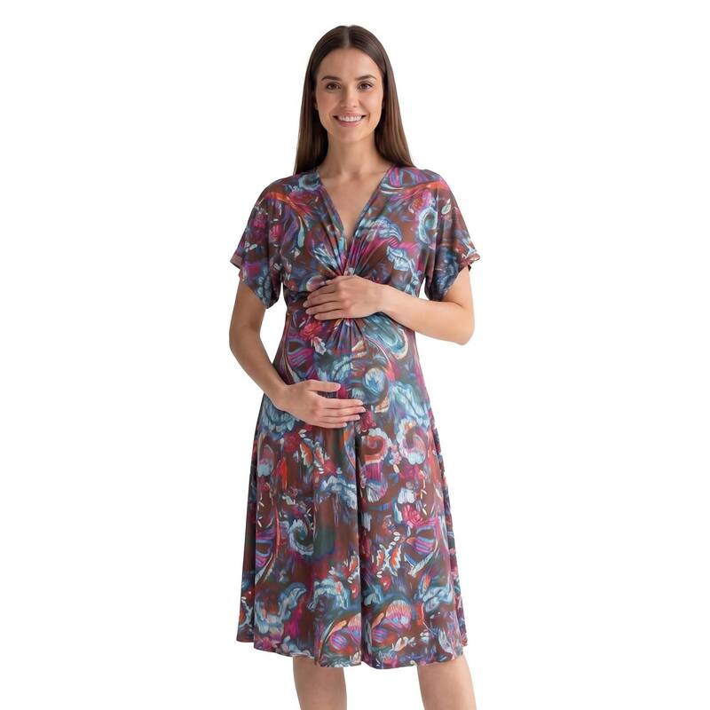 24 セブンコンフォート レディース トップス ワンピース Vネック A ライン ミディ マタニティ Maternity 24Seven Comfort Apparel Abstract V-Neck Dolman Sleeve Twist Front A-Line Midi Dress Brown Multi ブラウン｜ReVida 店 14,230円