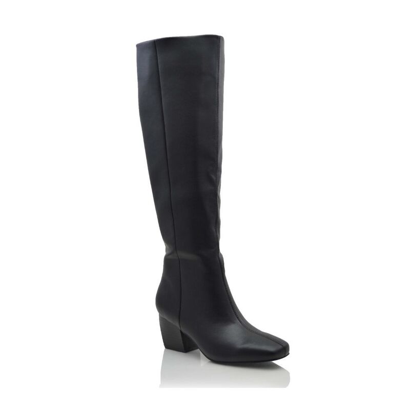 F.C デザイン レディース シューズ ブーツ・レインブーツ ヒール F.C Design KARLEY Semi-Pointed Toe Knee High Block Heel Boots Black Pu ブラック｜ReVida 店