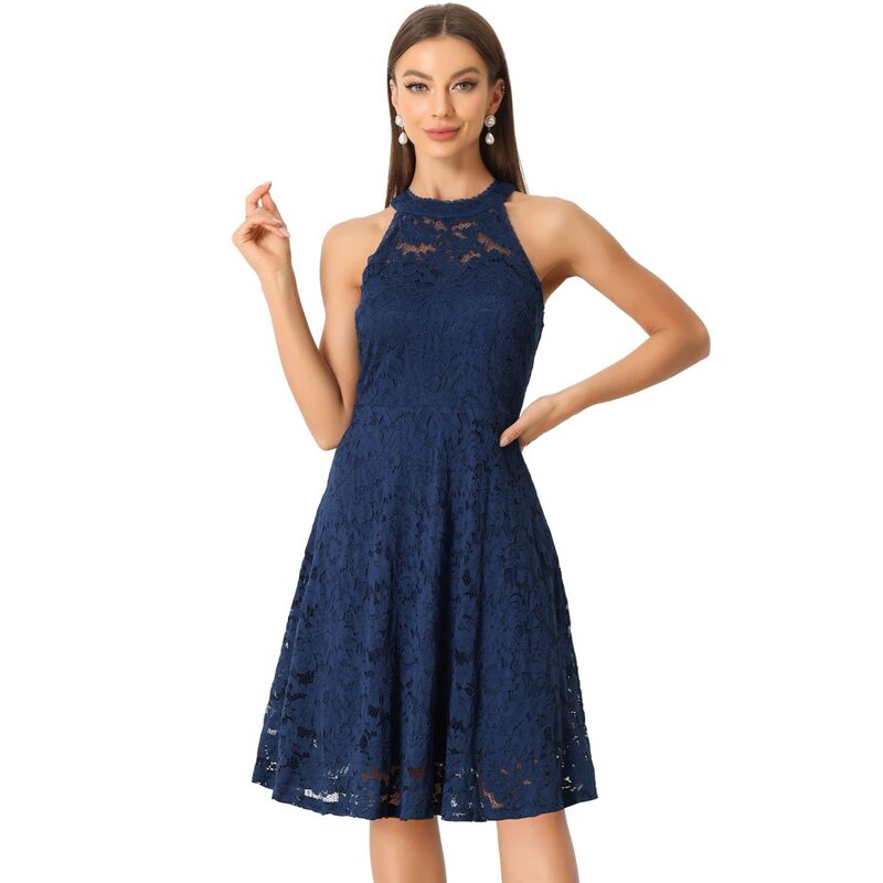 アレグラ ケー レディース トップス ワンピース A ライン ノースリーブ レース ホルター ALLEGRA K Lace Dress For Women's Halter Neck Sleeveless Elegant Cocktail A-line Dress Dark Blue ブルー｜ReVida 店 13,125円