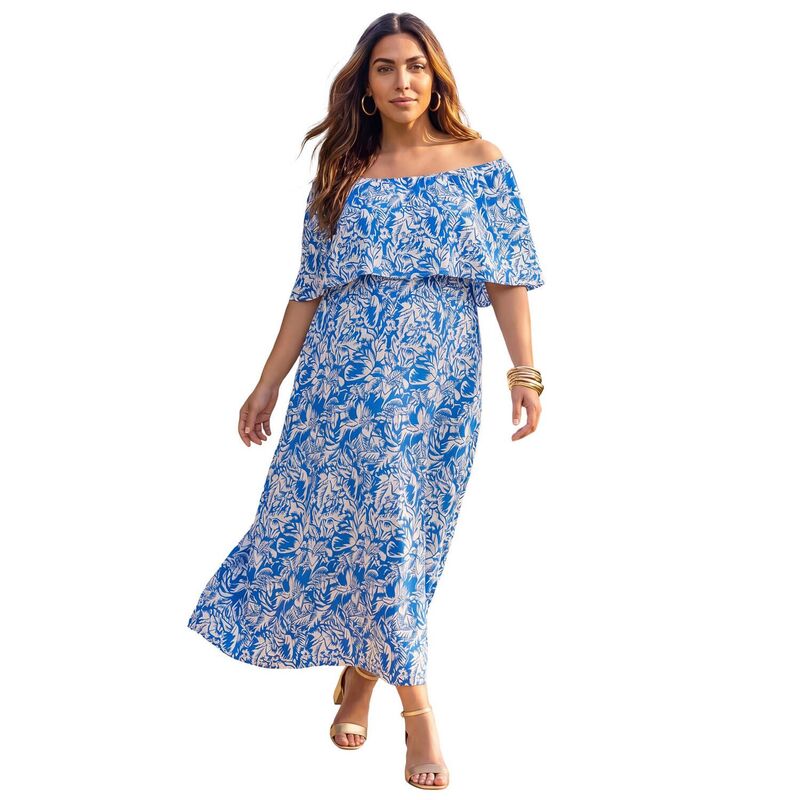 キャサリンズ レディース トップス ワンピース プラスサイズ マキシ Catherines Women's Plusize Meadow Crest Maxi Dress Blue Abstract Foliage ブルー｜ReVida 店
