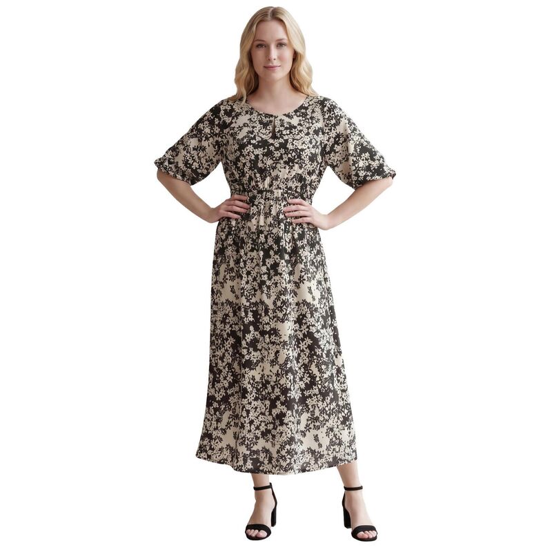 Ellos レディース トップス ワンピース プラスサイズ ミディ サテン エンパイア Ellos Plusize Satin Keyholempire Midi Dress Black White Patch ホワイト｜ReVida 店
