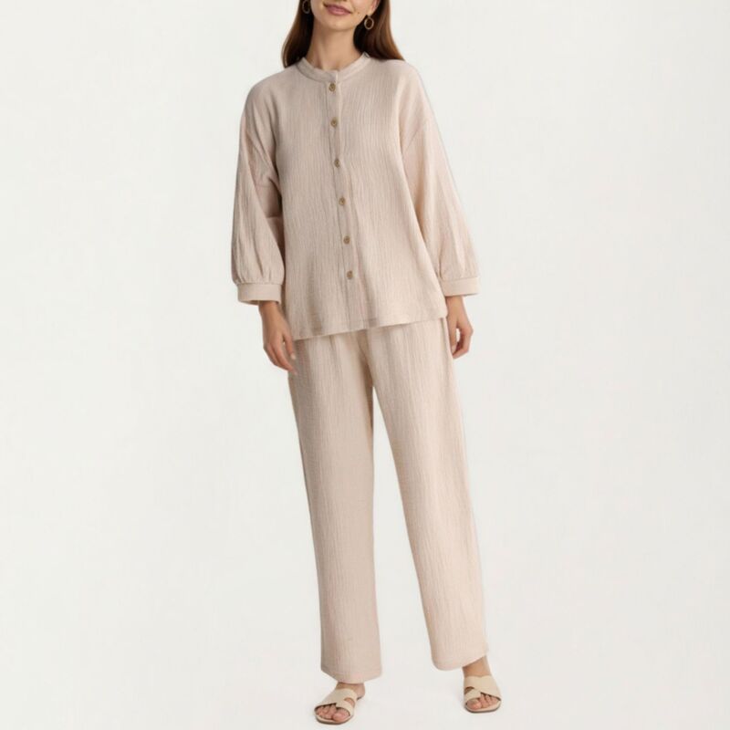 アンナカシ レディース アンダーウェア ナイトウェア リラックスフィット バルーンスリーブ パンツ Anna-Kaci Women's 2-Piece Set Button-Up Textu red Top with Balloon Sleeves and Relaxed Fit Pants Light Beige ベージュ|ReVida 店