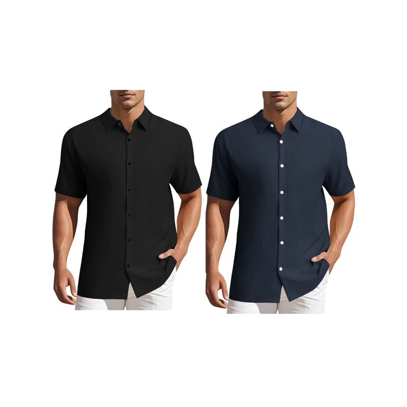 インスパイア シック メンズ トップス Tシャツ ボタンダウン INSPIRE CHIC 2 Packs Men'shirtshort Sleeve Button Down Beach Summer Camp Collar Shirt Black Navy Blue ブラック|ReVida 店