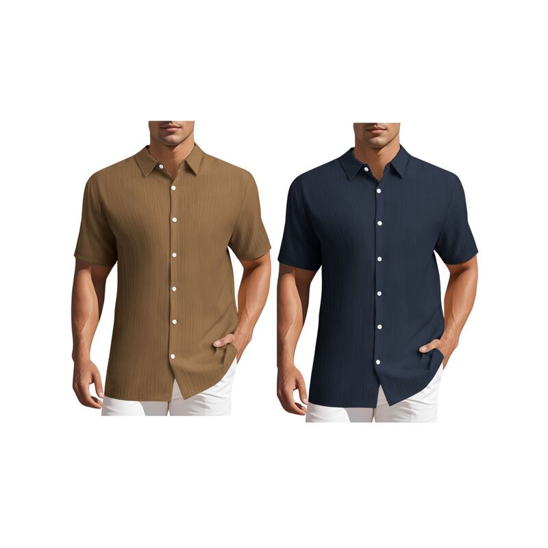 インスパイア シック メンズ トップス Tシャツ ボタンダウン INSPIRE CHIC 2 Packs Men'shirtshort Sleeve Button Down Beach Summer Camp Collar Shirt Brow navy Blue ネイビー|ReVida 店