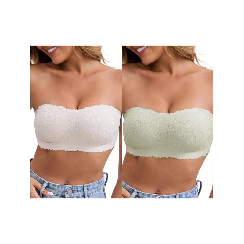 インスパイア シック レディース アンダーウェア ブラジャー フラワー柄 ストラップレス レース フラワー INSPIRE CHIC 2 Packs Women's Floralace Strapless Wireless Tube Bras Anti-Slipush Up Soft Padded Bandeau White Green ホワイト｜ReVida 店