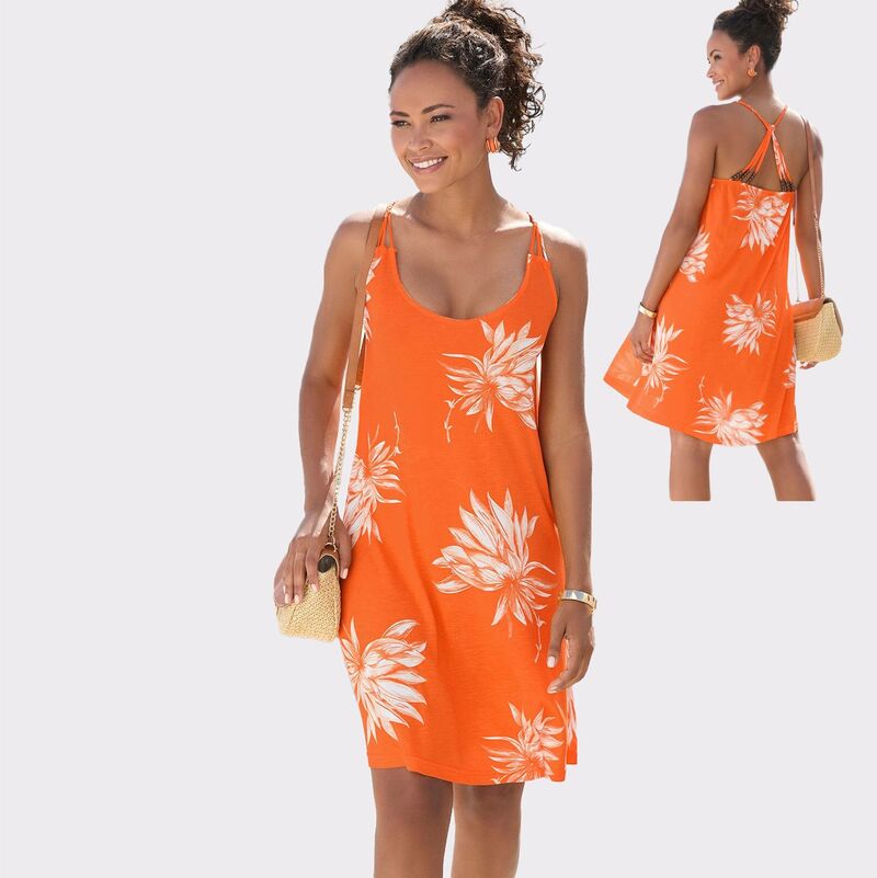 ラスカーナ レディース トップス ワンピース プリント Lascana Women's Beaded Straprint Dress Orange Multicolor オレンジ｜ReVida 店