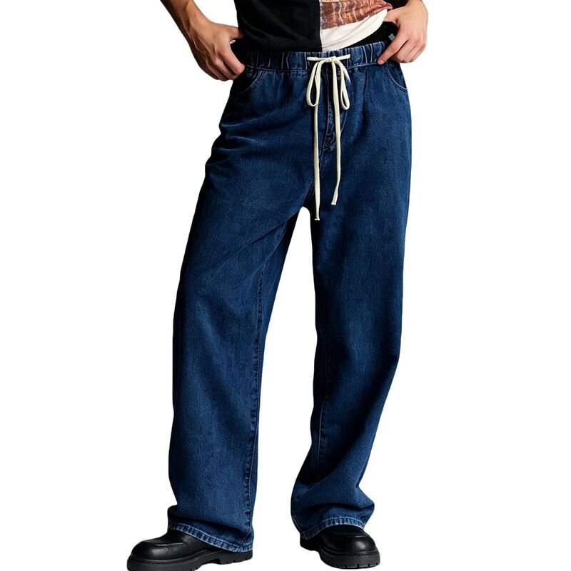 エリートスピリット メンズ ボトムス デニムパンツ ワイドレッグ ジーンズ EliteSpirit Men's Elastic Drawstring Jeans Relaxed Wide Leg Denim Side and Back Pockets Lightweight Pants Navy Blue ネイビー｜ReVida 店