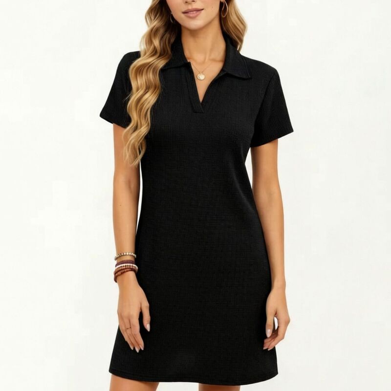 アンナカシ レディース トップス ワンピース リラックスフィット Vネック ミニット Anna-Kaci Women'short Sleeve Colla red Mini Dress with Split V Neck Textu red Knit Relaxed Fit Casual Dress Black ブラック｜ReVida 店 12,766円