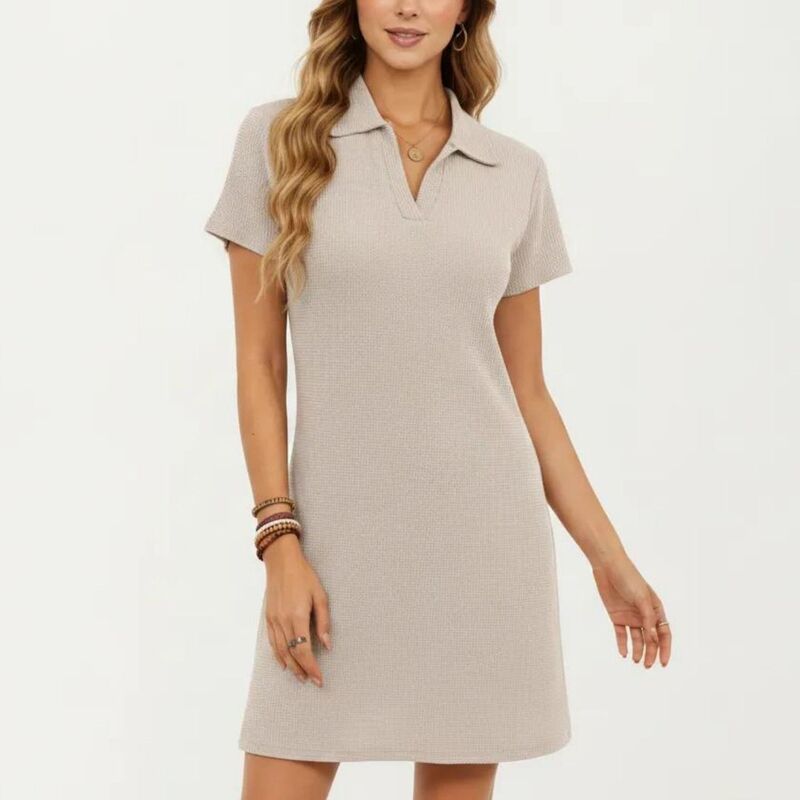 アンナカシ レディース トップス ワンピース リラックスフィット Vネック ミニット Anna-Kaci Women'short Sleeve Colla red Mini Dress with Split V Neck Textu red Knit Relaxed Fit Casual Dress Light Beige ベージュ|ReVida 店