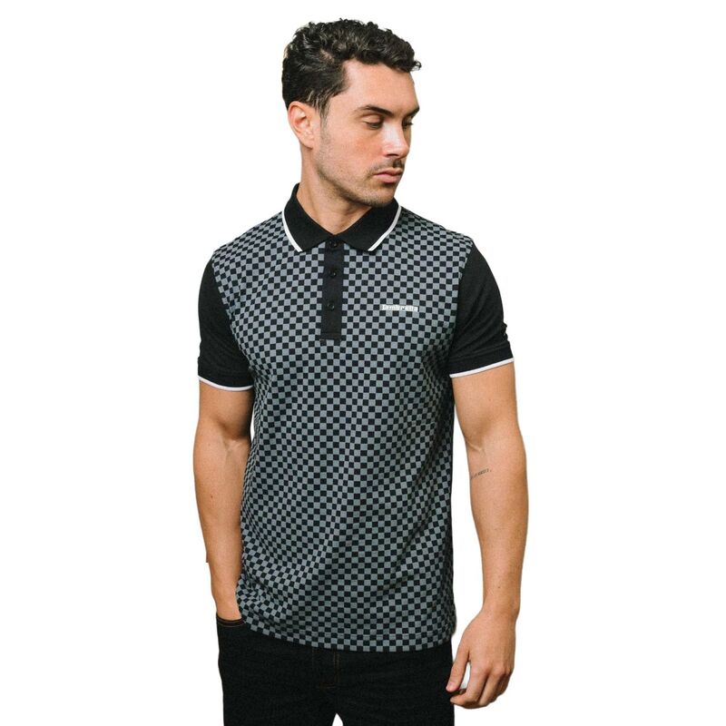 ランブレッタ メンズ トップス Tシャツ ポロシャツ プリント Lambretta Mens Two Tone All-Over Print Polo Shirt Black ブラック｜ReVida 店