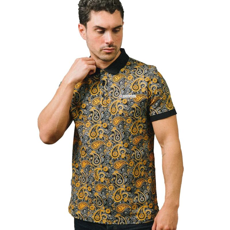 ランブレッタ メンズ トップス Tシャツ ポロシャツ Lambretta MensS25 Paisley Branded Polo Shirt Black And Gold ブラック｜ReVida 店