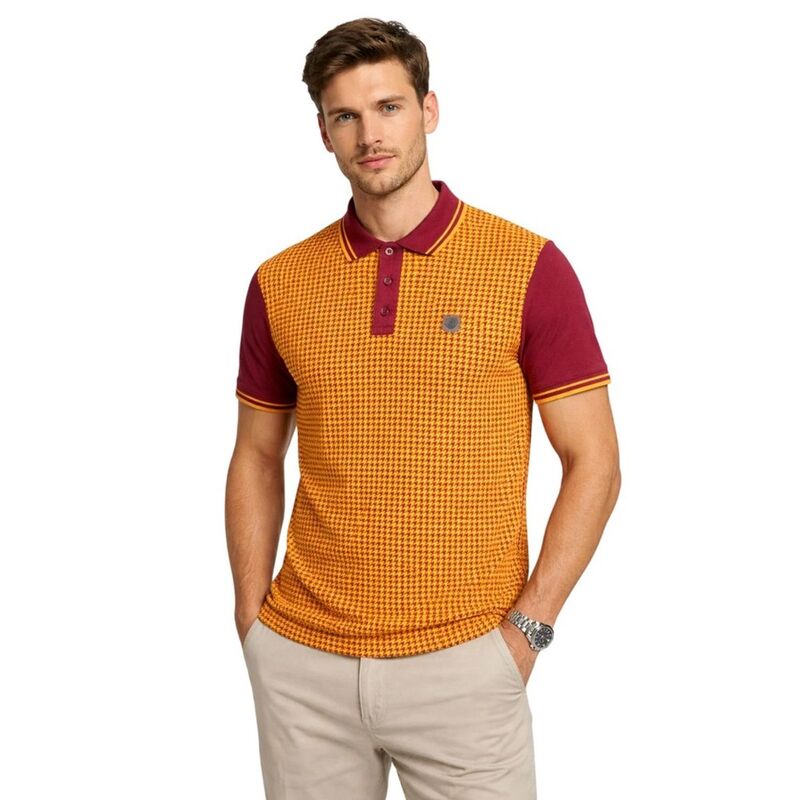 ランブレッタ メンズ トップス Tシャツ ポロシャツ Lambretta Mens Houndstooth Polo Shirt Burgundy And Gold バーガンディ｜ReVida 店
