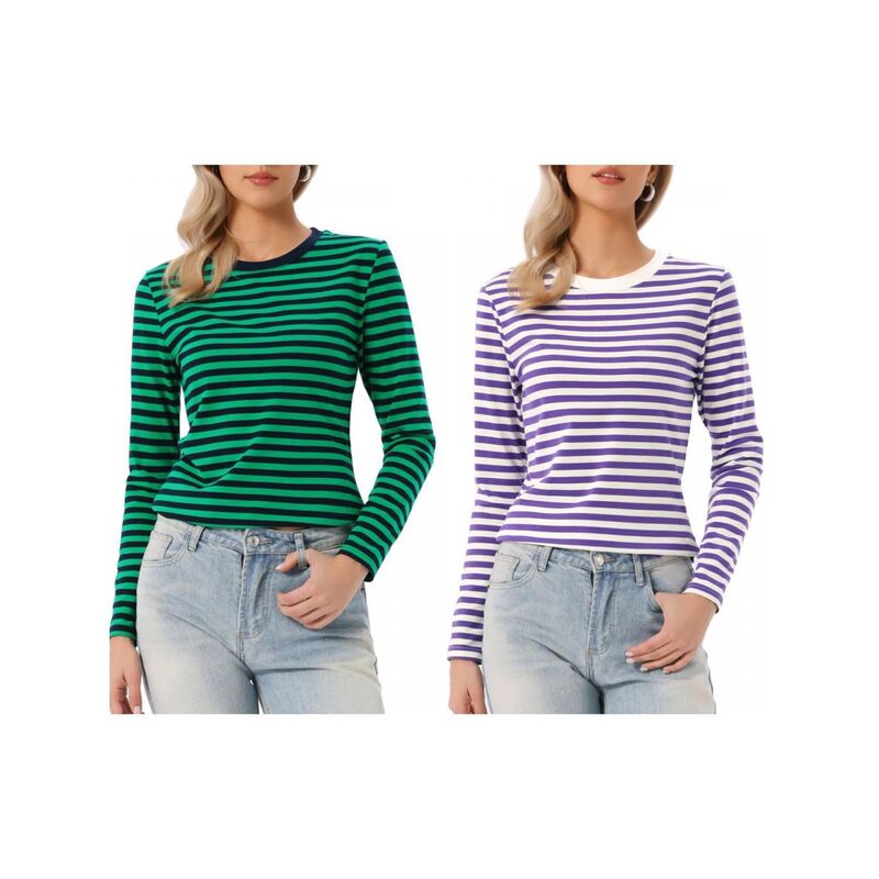 インスパイア シック レディース トップス Tシャツ クルーネック INSPIRE CHIC 2 Packstriped T Shirts for Women Long Sleeve Tops Crew Neck Fitted Tees Casual Trendy Outfits Dee purple Green グリーン｜ReVida 店 13,665円