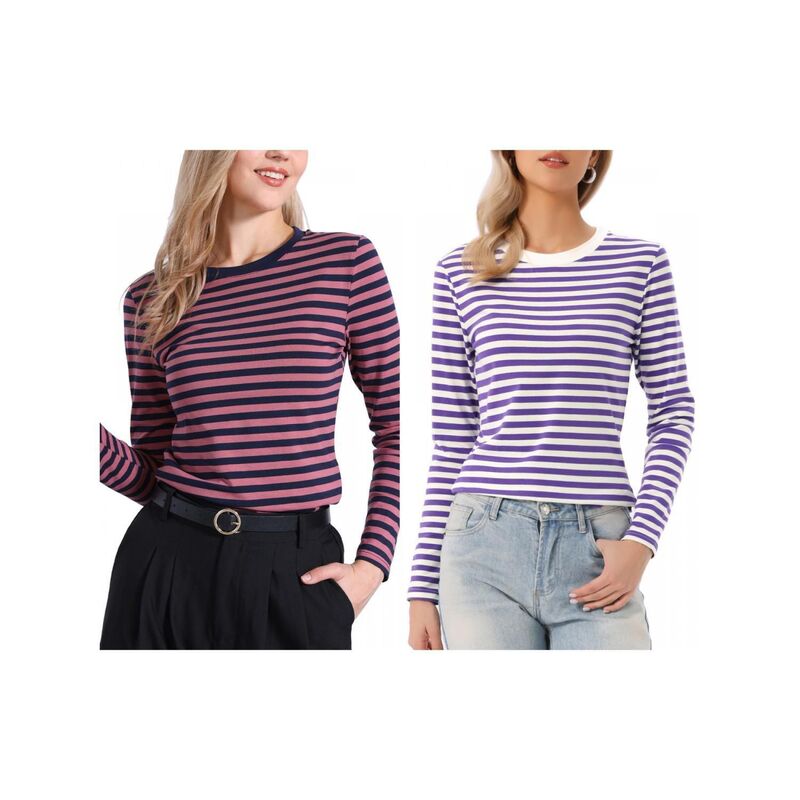 インスパイア シック レディース トップス Tシャツ クルーネック INSPIRE CHIC 2 Packstriped T Shirts for Women Long Sleeve Tops Crew Neck Fitted Tees Casual Trendy Outfits Pink Dee purple ピンク｜ReVida 店