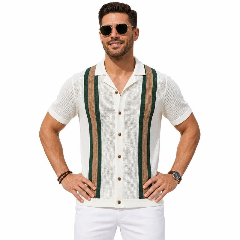 ジョイジョイ メンズ トップス Tシャツ ニット JoyJoy Men Cuban Collar Vertical Stripe Hollow Knit Full Button Short Sleeve Vacation Shirt White ホワイト｜ReVida 店