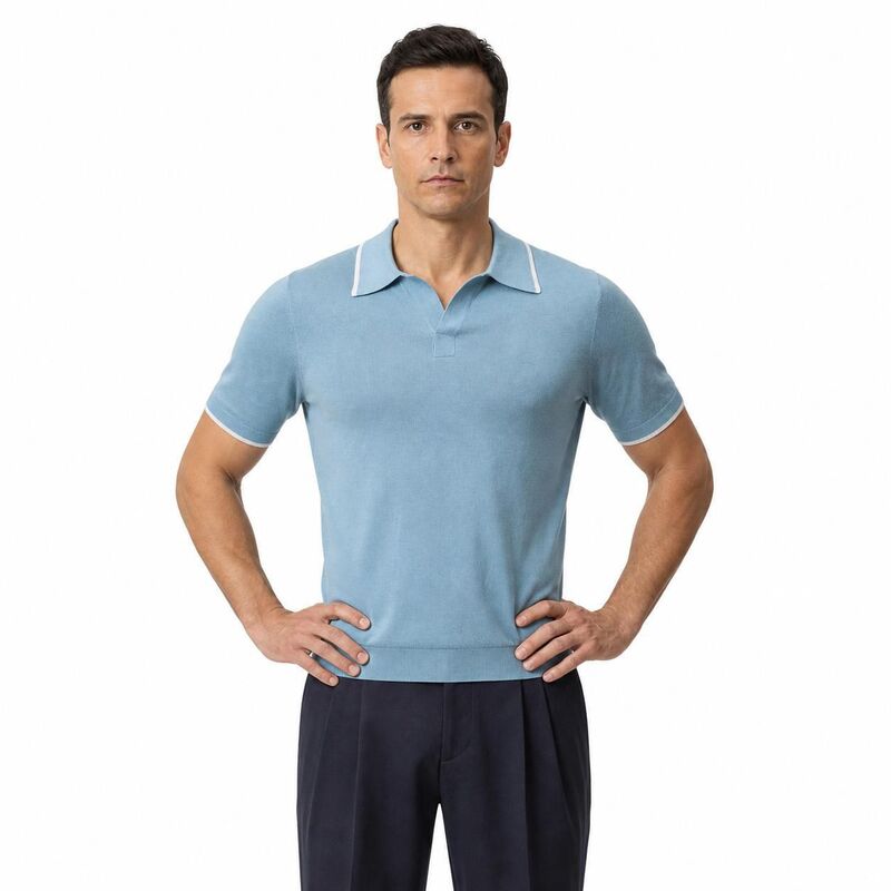 ジョイジョイ メンズ トップス Tシャツ ニット JoyJoy Men Tipped Collar Fine Knit Short Sleeve V Notch Casual Smartop Sky Blue ブルー｜ReVida 店