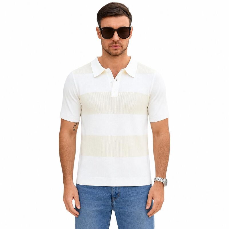ジョイジョイ メンズ トップス Tシャツ ニット JoyJoy Men'striped Knit Shirt Short Sleeve Classicollar Button Casual Tee Tops White Apricot ホワイト｜ReVida 店