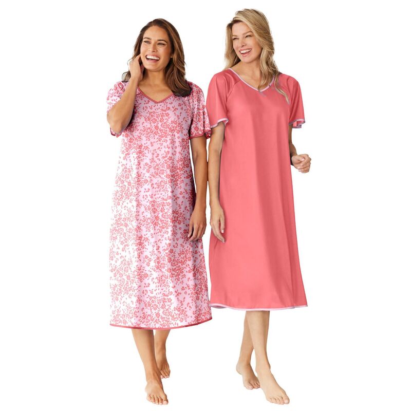 オンリーネセシティーズ レディース アンダーウェア ナイトウェア プラスサイズ シルク Only Necessities Plusize 2-Pack Short Silky Gown Sweet Coral Flower コーラル｜ReVida 店