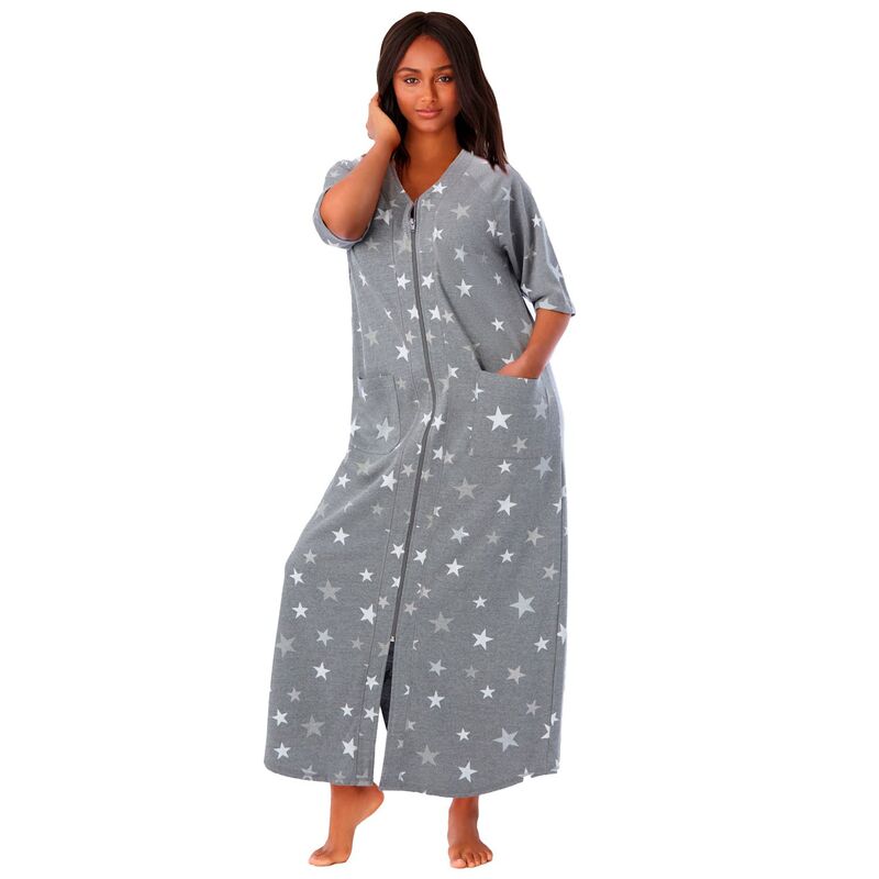 ドリームスアンドコー レディース アンダーウェア ナイトウェア プラスサイズ パイル Dreams & Co. Plusize Long French Terry Zip-Front Robe Heather Grey Stars グレー|ReVida 店