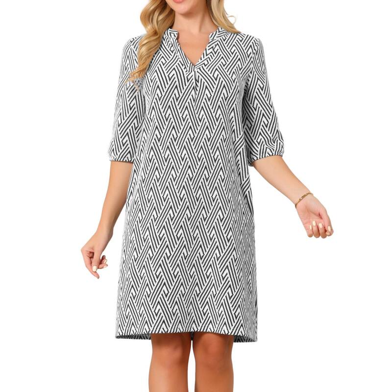 インスパイア シック レディース トップス ワンピース Vネック ひざ丈 プリント INSPIRE CHIC Women's Fall Dresses Casual 3/4 Sleeve V Neck Zigzag Print Loose Knee Length Dress with Pockets White ホワイト｜ReVida 店