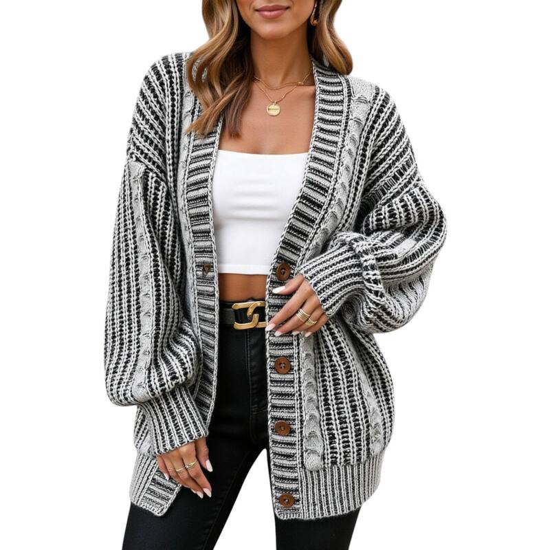 アンナカシ レディース アウター ニット・セーター ドロップショルダー カーディガン Anna-Kaci Women'striped Knit Cardigan with Button Front androp Shoulder Design Gray グレー｜ReVida 店