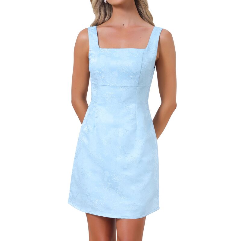 インスパイア シック レディース トップス ワンピース フラワー柄 ミニ ノースリーブ フラワー INSPIRE CHIC Women'short Party Dress Jacquard Embroidery Floral Sleevelessquare Neck Mini Prom Cocktail Dress Light Blue ブルー｜ReVida 店