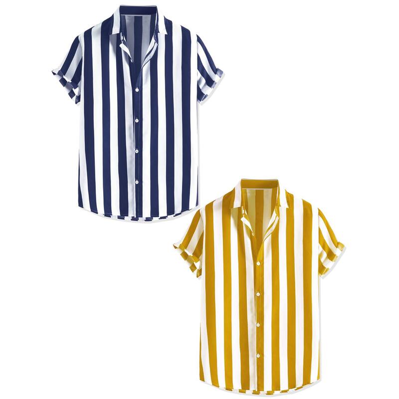 インスパイア シック メンズ トップス Tシャツ ボタンダウン INSPIRE CHIC 2 Packs Men'short Sleeved Color Block Button Down Beach Stripe Shirt Navy Blue Yellow ネイビー|ReVida 店