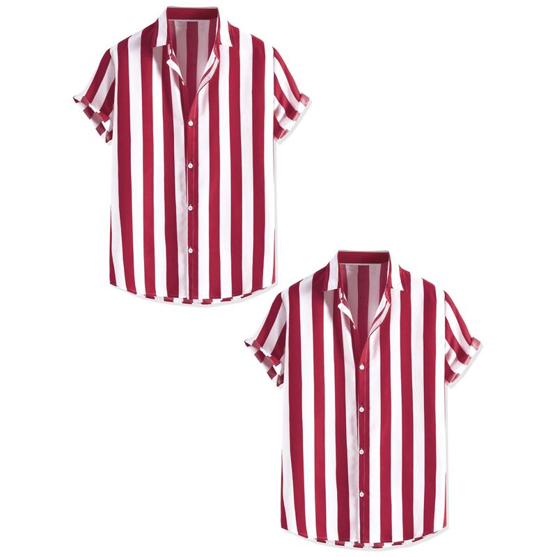 インスパイア シック メンズ トップス Tシャツ ボタンダウン INSPIRE CHIC 2 Packs Men'short Sleeved Color Block Button Down Beach Stripe Shirt Red レッド|ReVida 店
