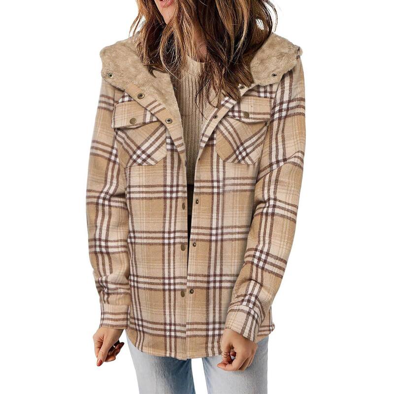 ジーグー レディース アウター ジャケット・ブルゾン コート フリース Zeagoo Women's Plaid Sherpa Shacket Jacket Fleece Hooded Coats Trendy Oversized Outerwear Khaki カーキ|ReVida 店