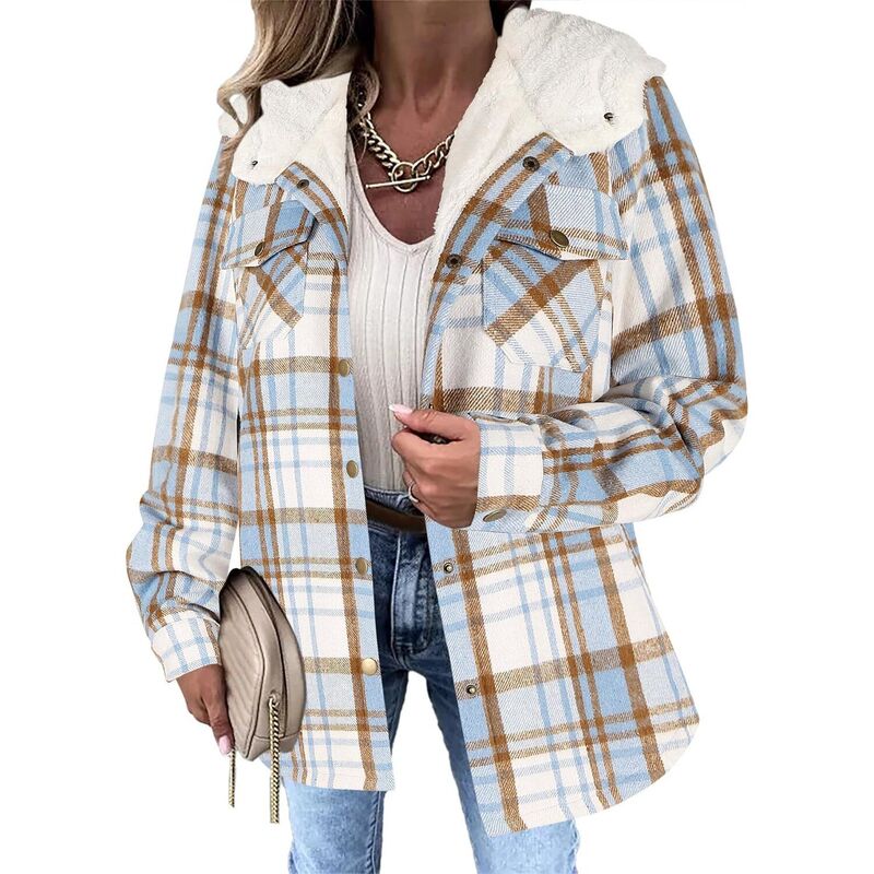 ジーグー レディース アウター ジャケット・ブルゾン コート フリース Zeagoo Women's Plaid Sherpa Shacket Jacket Fleece Hooded Coats Trendy Oversized Outerwear Light Blue ブルー｜ReVida 店