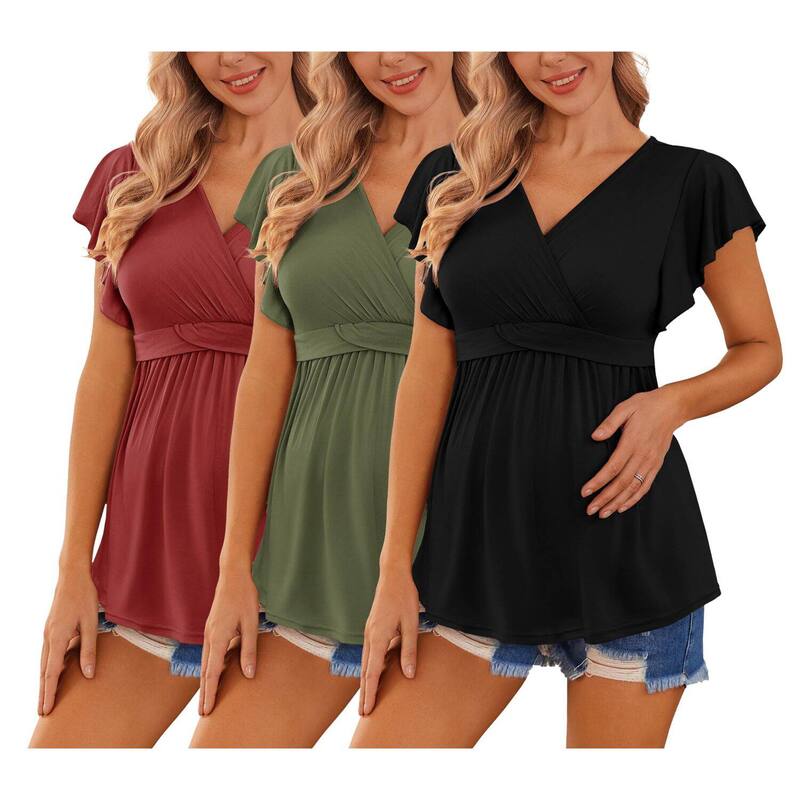 エコアー レディース トップス Tシャツ フラワー柄 マタニティ フラワー Ekouaer Maternity Shirts Flying Short Sleeve 3 Packs Nursing Tops Pregnancy Tee Floral Black Army Green Wine ブラック｜ReVida 店