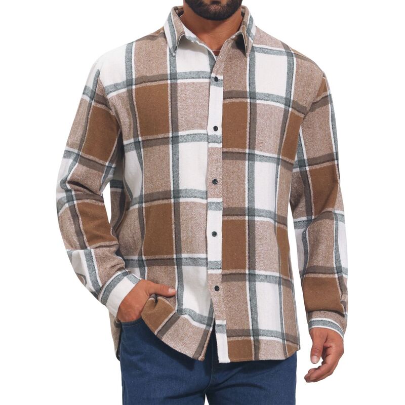 インスパイア シック メンズ トップス Tシャツ レギュラーフィット ボタンダウン INSPIRE CHIC Men\'s Casual Regular Fit Long Sleeve Button Down Plaid Shirt Brown ブラウン｜ReVida 店
