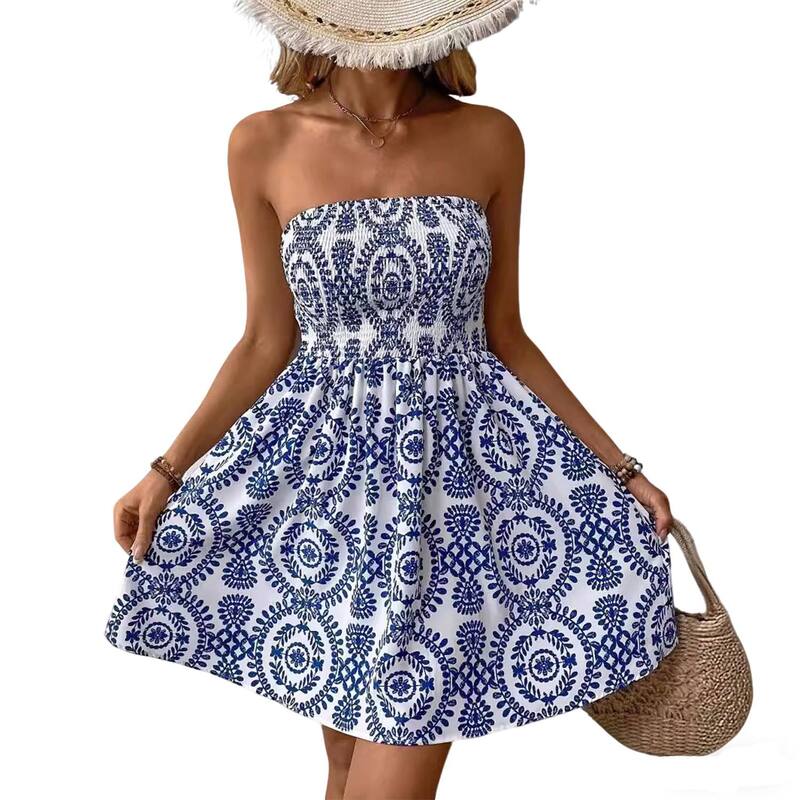 クリアフラワー レディース トップス ワンピース ミニ ストラップレス シャーリング ClearFlower Women'strapless Tube Top Mini Dress, Smocked Waist Flowy Summer Sundress Blue ブルー|ReVida 店