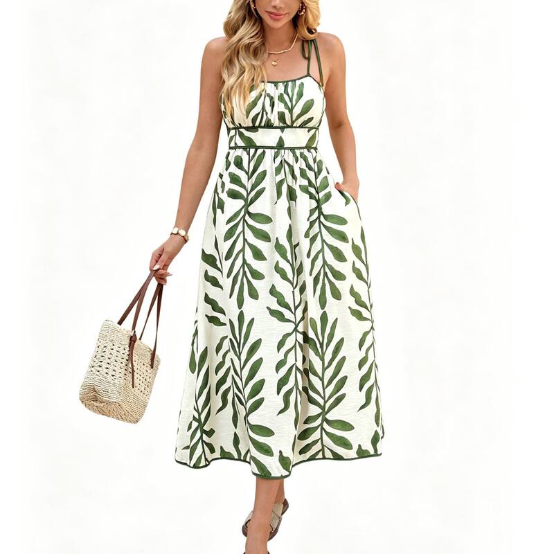 エリートスピリット レディース トップス ワンピース プリント ノースリーブ シャーリング マキシ EliteSpirit Women's Printie Strap Summer Casual Maxi Dressmocked Back Sleeveless Flowy Swing Long Dress Green グリーン|ReVida 店