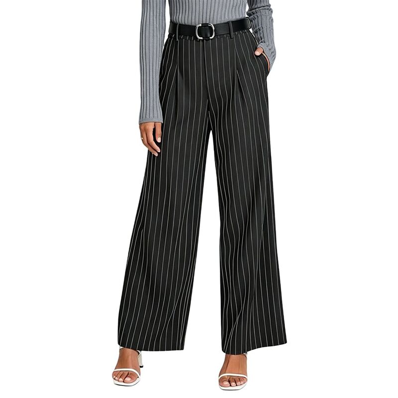 エリートスピリット レディース ボトムス カジュアルパンツ ワイドレッグ プリーツ EliteSpirit Women's High Waisted Pinstripe Wide Leg Trousers Pleated Office Pants with Belt Black ブラック｜ReVida 店