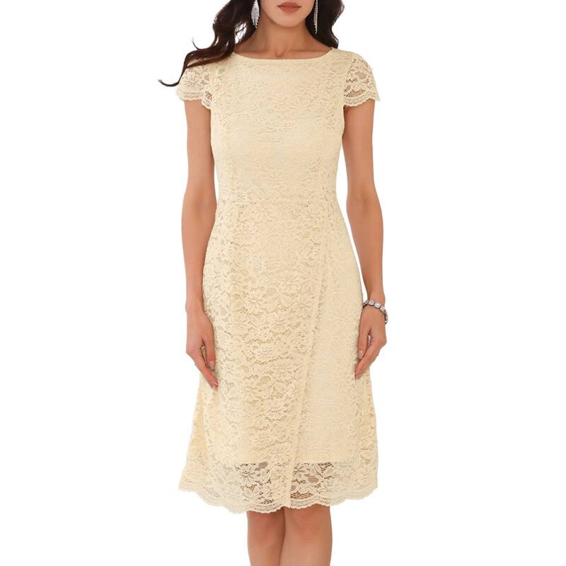 インスパイア シック レディース トップス ワンピース フラワー柄 ミディ キャップ レース フラワー INSPIRE CHIC Women's Floralace Dress Cap Sleeve Boat Neck Cocktail Midi Weddinguest Dresses Gold ゴールド｜ReVida 店