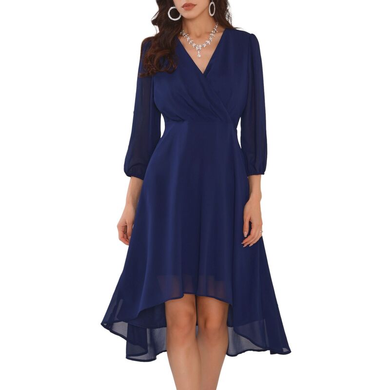 インスパイア シック レディース トップス ワンピース シフォン ミディ シアー INSPIRE CHIC Women's Chiffon Dress Long Sheer Sleeve Wrap Cocktail Midi Dresses Navy Blue ネイビー｜ReVida 店