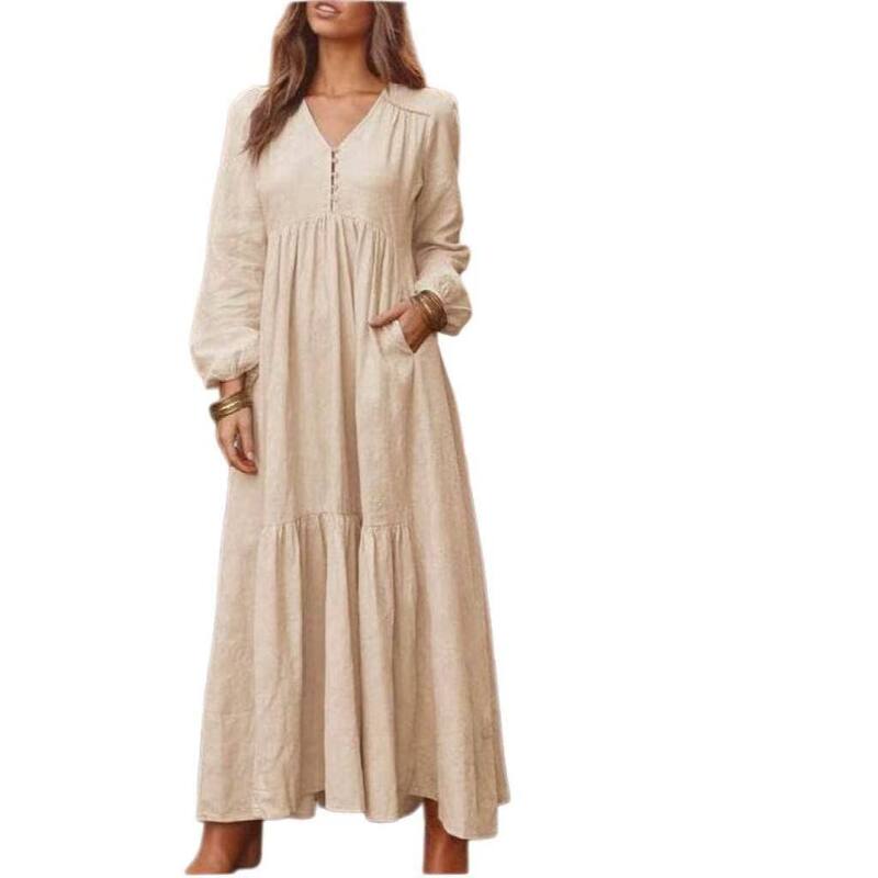 エリートスピリット レディース トップス ワンピース Vネック マキシ EliteSpirit Women's Boho Maxi Dress V-Neck Long Sleeve Flowy Beach Dress with Pockets and Buttons Apricot アプリコット｜ReVida 店