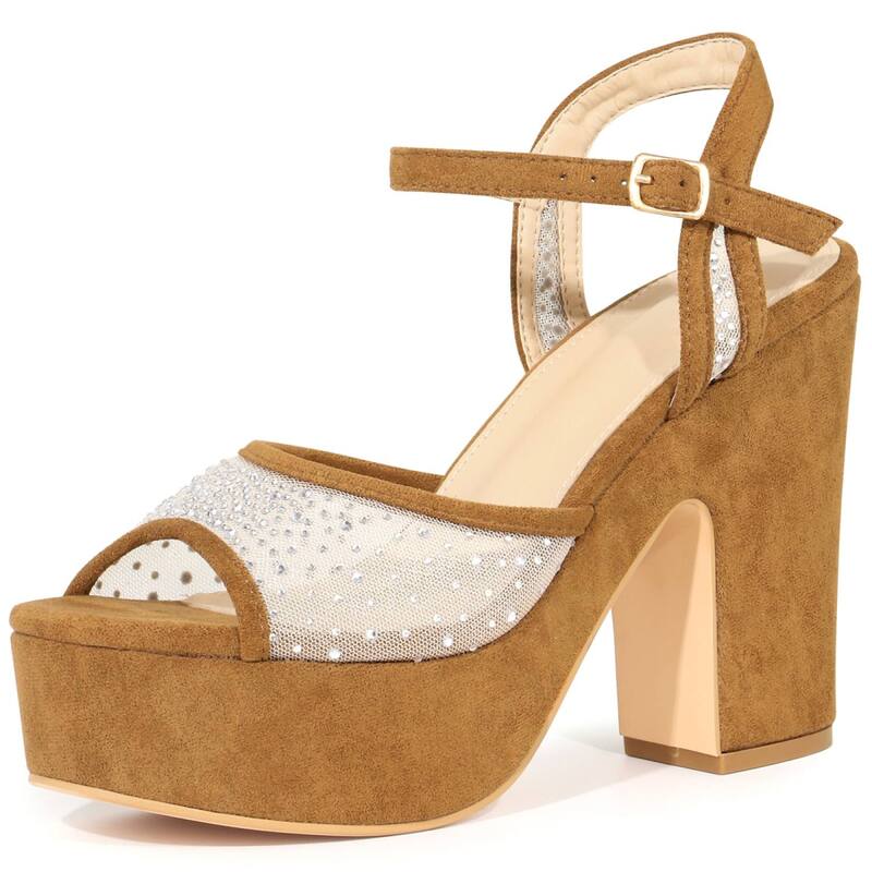 ブリスフルステップ レディース シューズ パンプス プラットフォーム サンダル メッシュ アンクル ヒール BLISSFUL STEP Women's Rhinestone Platform Heel Mesh Ankle Strap Chunky Heelsandals Brown ブラウン｜ReVida 店