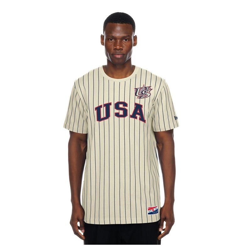 ニューエラ メンズ トップス Tシャツ メッシュ Men's New Era Cream USA Baseball Throwback Meshback Pinstripe T-Shirt Mlbeige ベージュ|ReVida 店